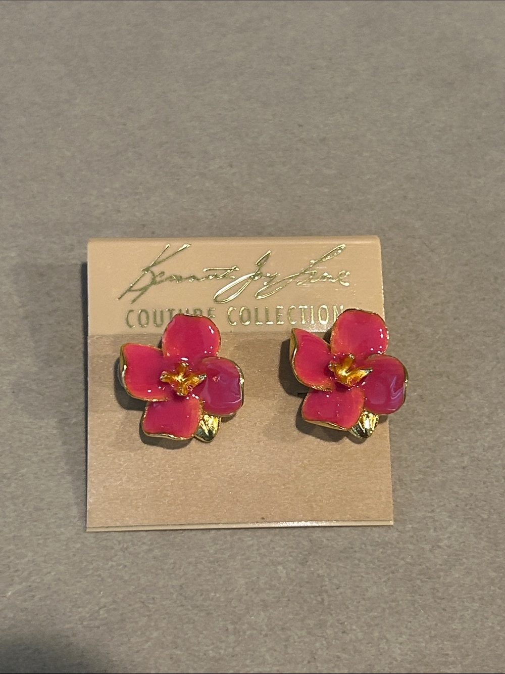 Kenneth Jay Lane Hot Pink Enamel Floral Stud Earrings with Gold Accents